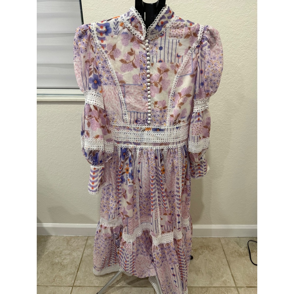 Dalia MacPhee S Floral Midi Dress Lace Trim Prairie Boho Romantic Fairycore NWT